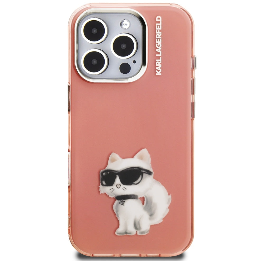Hülle für Apple iPhone 16 Pro, Karl Lagerfeld, IML Aquarelle Logo Choupette, Rosa