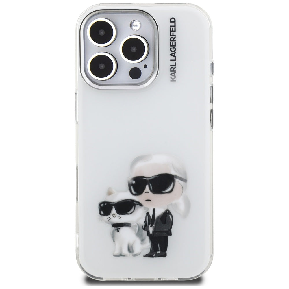 Hülle für Apple iPhone 16 Pro, Karl Lagerfeld, IML Aquarelle Logo Karl & Choupette, Weiß