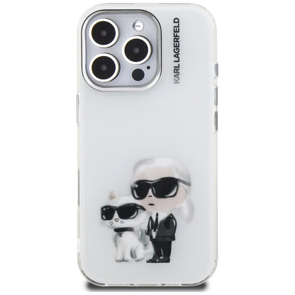 Hülle für Apple iPhone 16 Pro, Karl Lagerfeld, IML Aquarelle Logo Karl & Choupette, Weiß