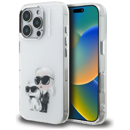 Hülle für Apple iPhone 16 Pro, Karl Lagerfeld, IML Aquarelle Logo Karl & Choupette, Weiß