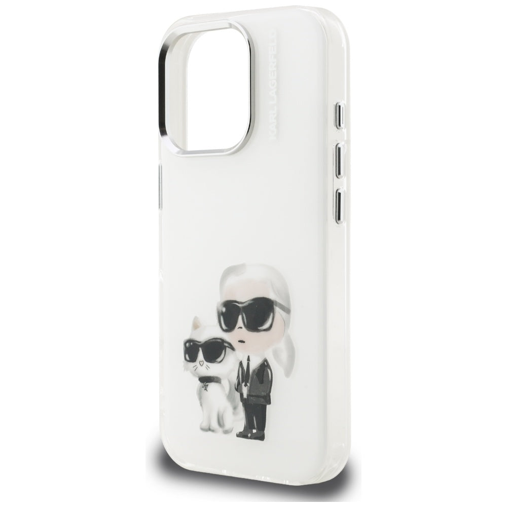 Hülle für Apple iPhone 16 Pro, Karl Lagerfeld, IML Aquarelle Logo Karl & Choupette, Weiß