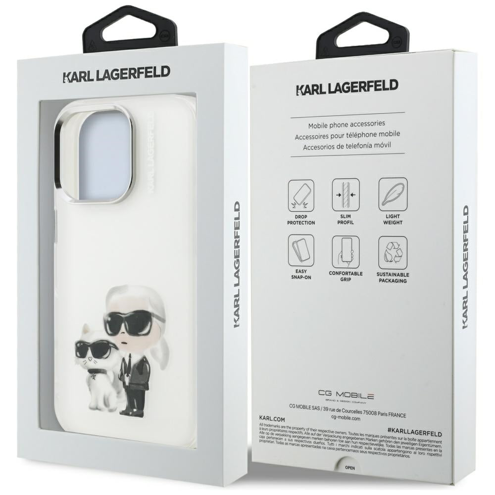 Hülle für Apple iPhone 16 Pro, Karl Lagerfeld, IML Aquarelle Logo Karl & Choupette, Weiß