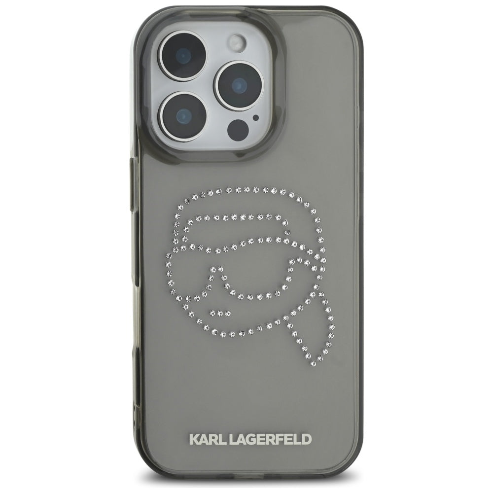 Hülle für Apple iPhone 16 Pro, Karl Lagerfeld, IML Rhinestones Karl's Head, Schwarz