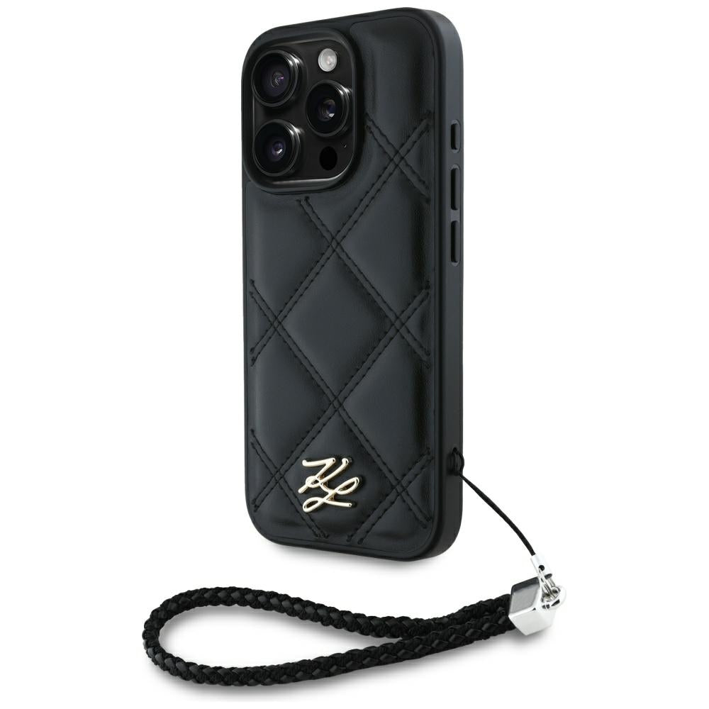 Housse pour Apple iPhone 16 Pro, Karl Lagerfeld, Logo Initial Matelassé & Bandoulière Chaîne, Noire