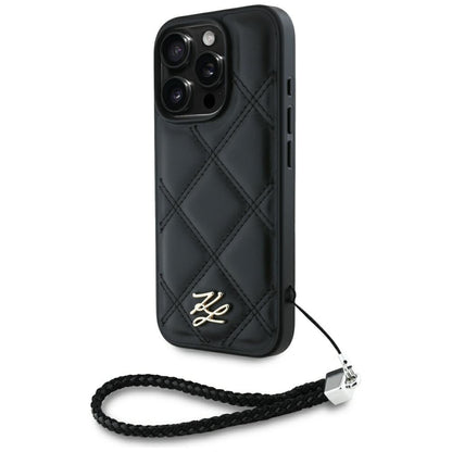 Housse pour Apple iPhone 16 Pro, Karl Lagerfeld, Logo Initial Matelassé & Bandoulière Chaîne, Noire