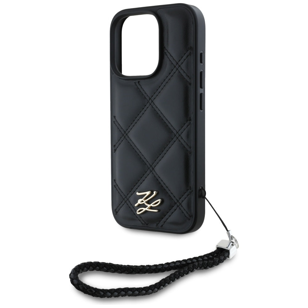 Housse pour Apple iPhone 16 Pro, Karl Lagerfeld, Logo Initial Matelassé & Bandoulière Chaîne, Noire