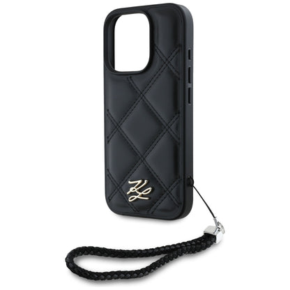 Housse pour Apple iPhone 16 Pro, Karl Lagerfeld, Logo Initial Matelassé & Bandoulière Chaîne, Noire