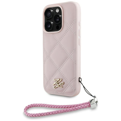 Étui pour Apple iPhone 16 Pro, Karl Lagerfeld, Logo Initial Matelassé & Bandoulière Chaîne, Rose