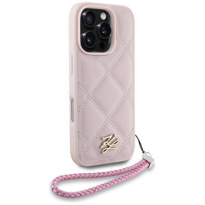 Étui pour Apple iPhone 16 Pro, Karl Lagerfeld, Logo Initial Matelassé & Bandoulière Chaîne, Rose