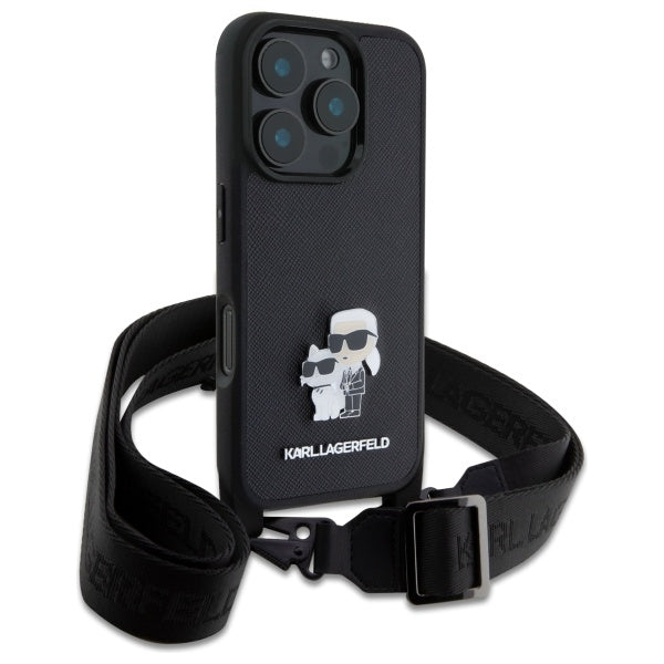 Étui pour Apple iPhone 16 Pro, Karl Lagerfeld, Saffiano Crossbody Metal Pin Karl & Choupette, Noir