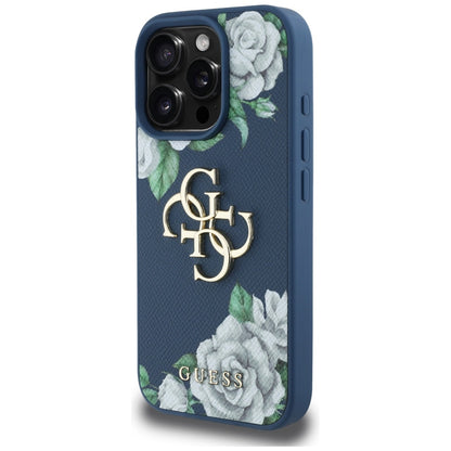 Hülle für Apple iPhone 16 Pro Max, Guess, 4G Grained Roses Big Logo, Blau