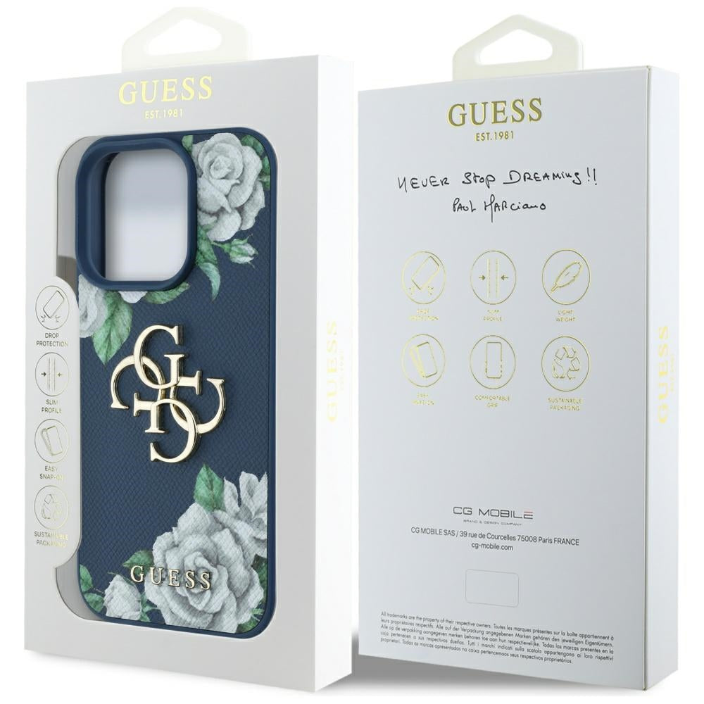 Hülle für Apple iPhone 16 Pro Max, Guess, 4G Grained Roses Big Logo, Blau