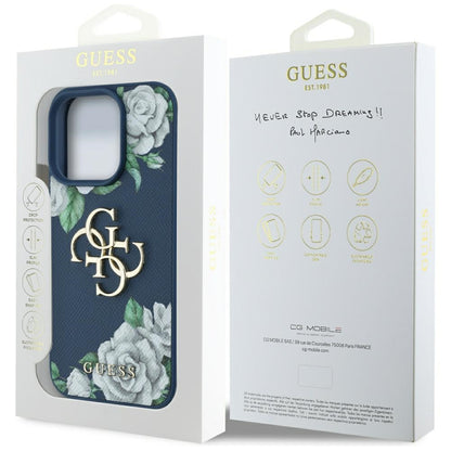 Hülle für Apple iPhone 16 Pro Max, Guess, 4G Grained Roses Big Logo, Blau