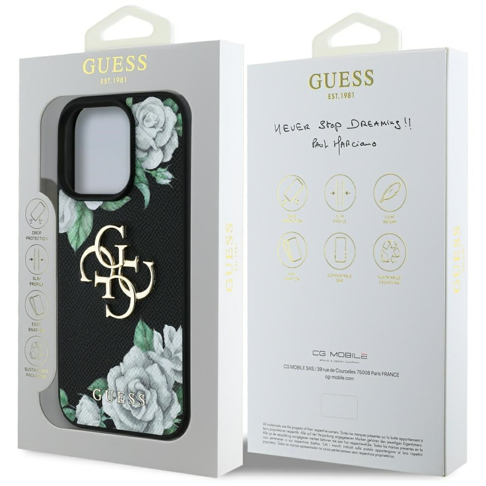 Hülle für Apple iPhone 16 Pro Max, Guess, 4G Grained Roses Big Logo, Schwarz