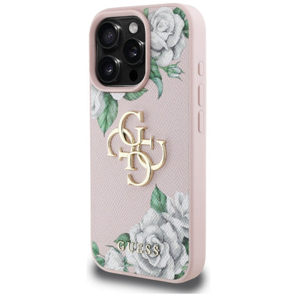 Étui pour Apple iPhone 16 Pro Max, Guess, 4G Grained Roses Big Logo, Rose