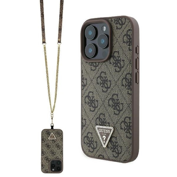 Hülle für Apple iPhone 16 Pro Max, Guess, Crossbody 4G Triangle Strass, Braun