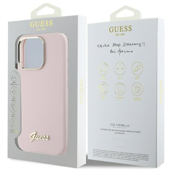 Case for Apple iPhone 16 Pro Max, Guess, Script Metal Logo & Frame, Light Pink