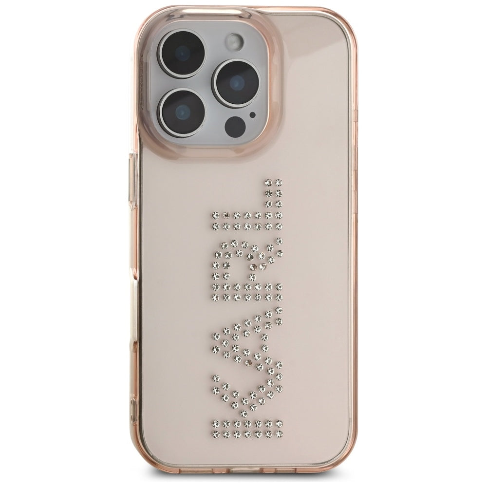 Étui pour Apple iPhone 16 Pro Max, Karl Lagerfeld, IML Rhinestones Pink Logo, Rose