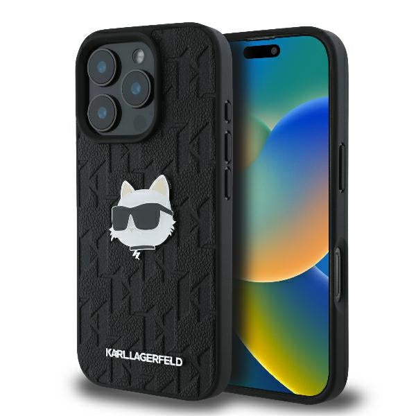 Étui pour Apple iPhone 16 Pro Max, Karl Lagerfeld, Monogramme Tête de Choupette, Noir
