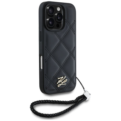 Housse pour Apple iPhone 16 Pro Max, Karl Lagerfeld, Logo Initial Matelassé & Bandoulière Chaîne, Noire