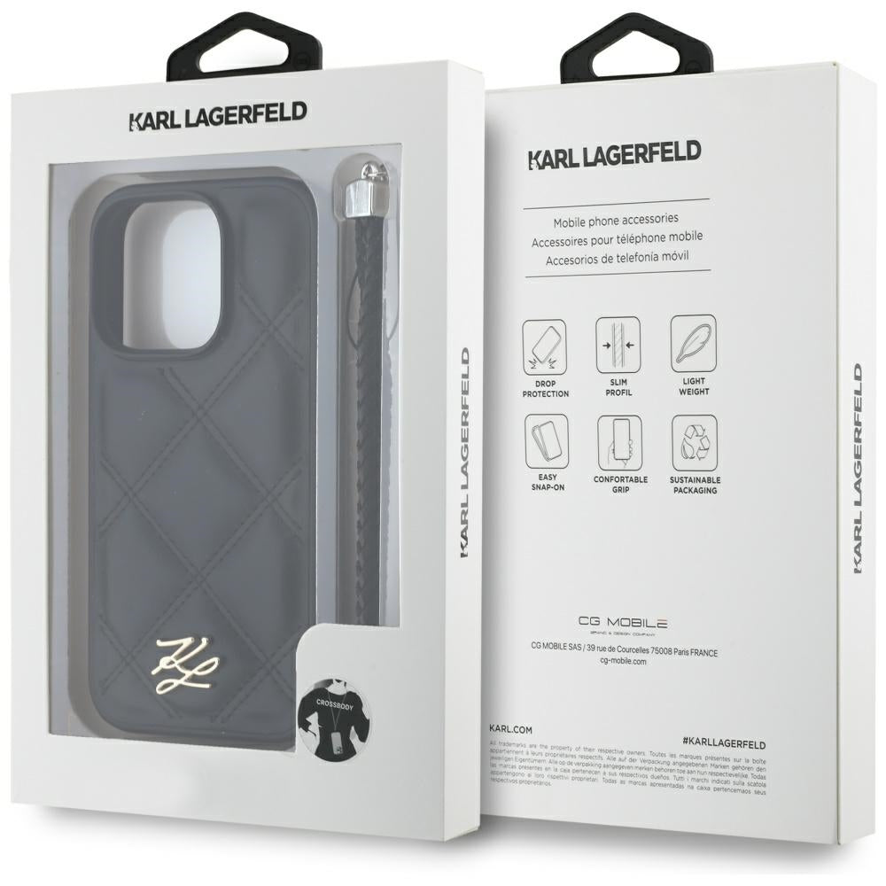 Housse pour Apple iPhone 16 Pro Max, Karl Lagerfeld, Logo Initial Matelassé & Bandoulière Chaîne, Noire