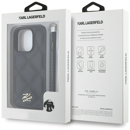 Housse pour Apple iPhone 16 Pro Max, Karl Lagerfeld, Logo Initial Matelassé & Bandoulière Chaîne, Noire