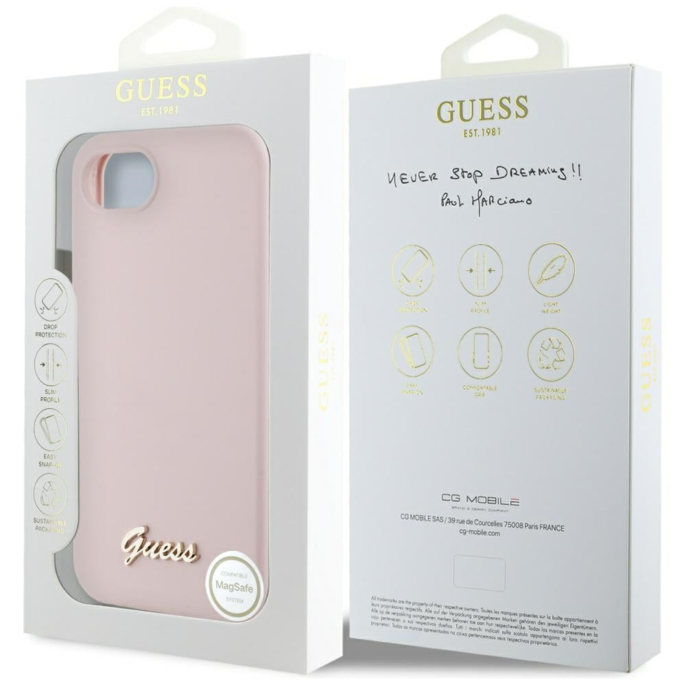 Hülle für Apple iPhone 16e, Guess, Script Metal Logo, Rosa