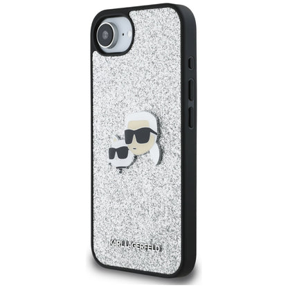 Hülle für Apple iPhone 16e, Karl Lagerfeld, Glitter Fixed Karl & Choupette's Heads, Silbern