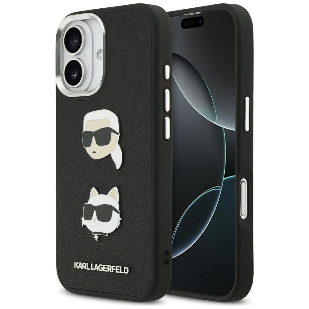 Étui pour Apple iPhone 17, Karl Lagerfeld, Grained Karl & Choupette's Heads Pins and Logo, Noir