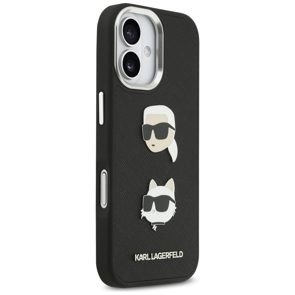Étui pour Apple iPhone 17, Karl Lagerfeld, Grained Karl & Choupette's Heads Pins and Logo, Noir