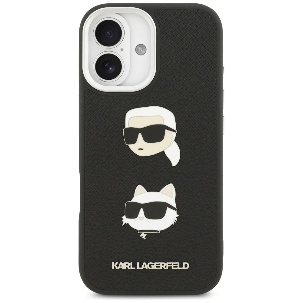 Étui pour Apple iPhone 17, Karl Lagerfeld, Grained Karl & Choupette's Heads Pins and Logo, Noir