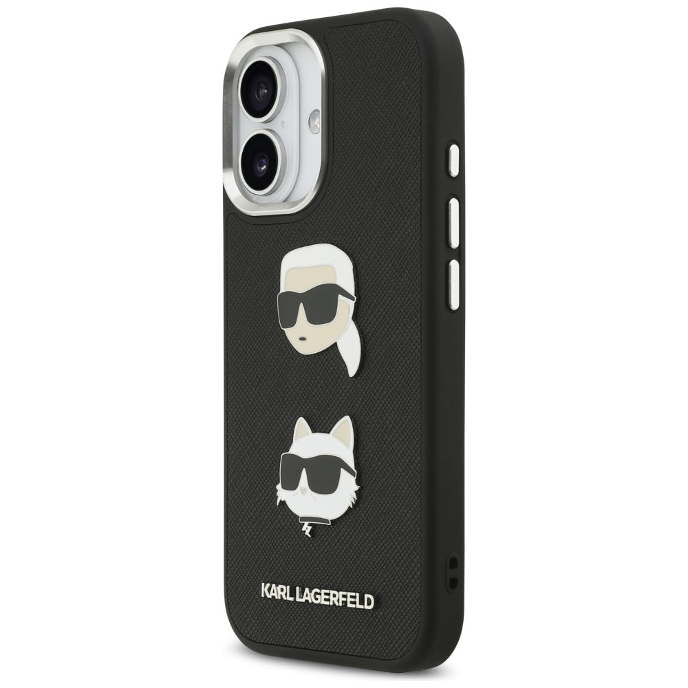 Étui pour Apple iPhone 17, Karl Lagerfeld, Grained Karl & Choupette's Heads Pins and Logo, Noir