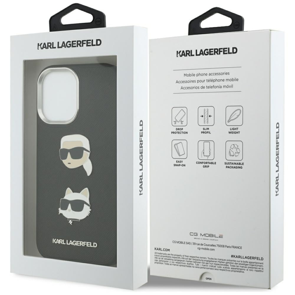 Étui pour Apple iPhone 17, Karl Lagerfeld, Grained Karl & Choupette's Heads Pins and Logo, Noir