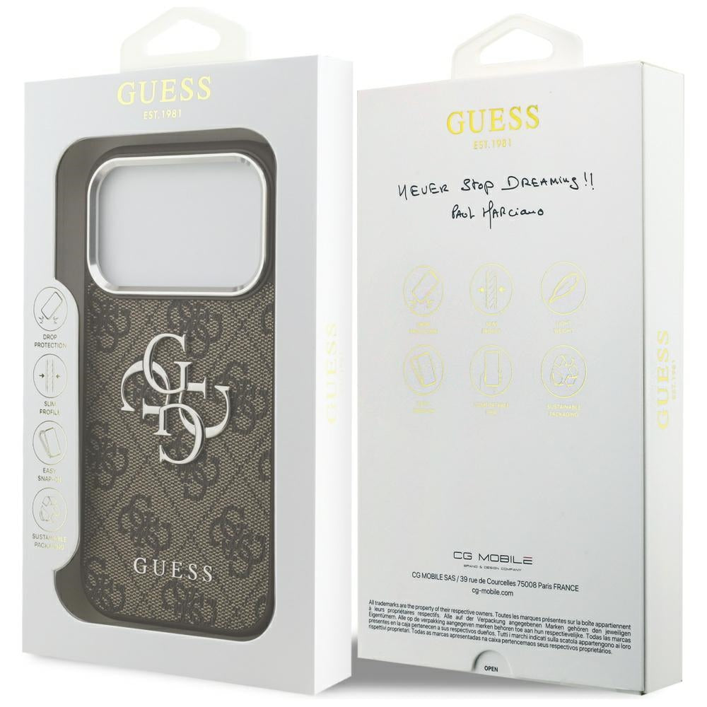 Étui pour Apple iPhone 17 Pro, Guess, Big 4G Logo Classic, Marron Argenté.