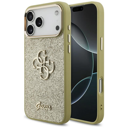 Hülle für Apple iPhone 17 Pro Max, Guess, Fixed Glitter Big 4G Metal Frame, Gold