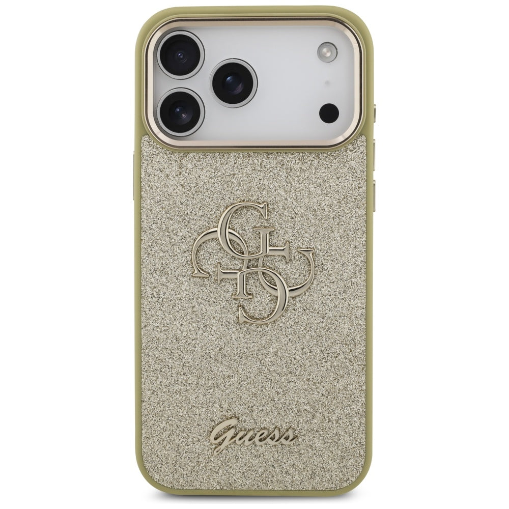 Hülle für Apple iPhone 17 Pro Max, Guess, Fixed Glitter Big 4G Metal Frame, Gold