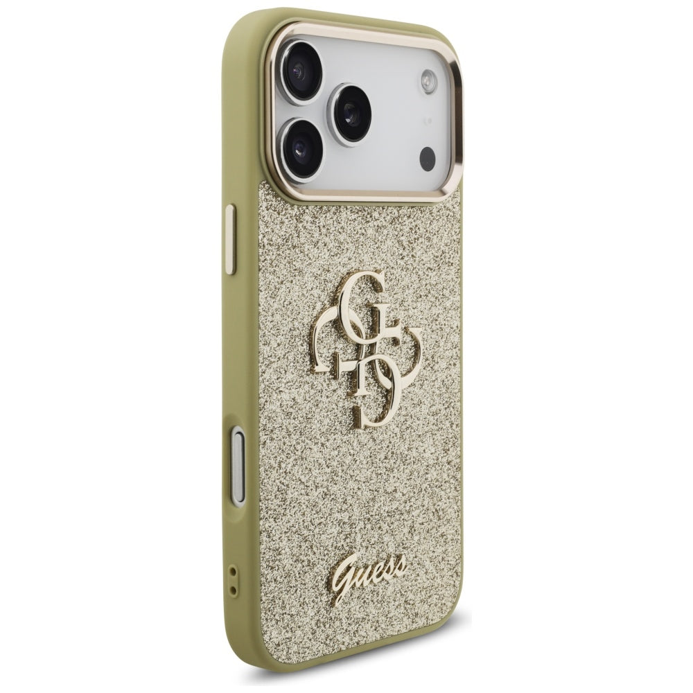 Hülle für Apple iPhone 17 Pro Max, Guess, Fixed Glitter Big 4G Metal Frame, Gold