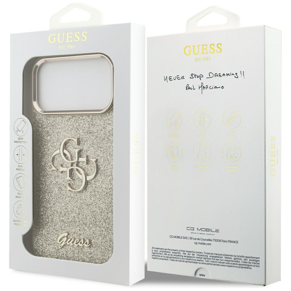 Hülle für Apple iPhone 17 Pro Max, Guess, Fixed Glitter Big 4G Metal Frame, Gold