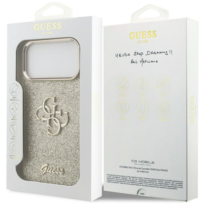 Hülle für Apple iPhone 17 Pro Max, Guess, Fixed Glitter Big 4G Metal Frame, Gold