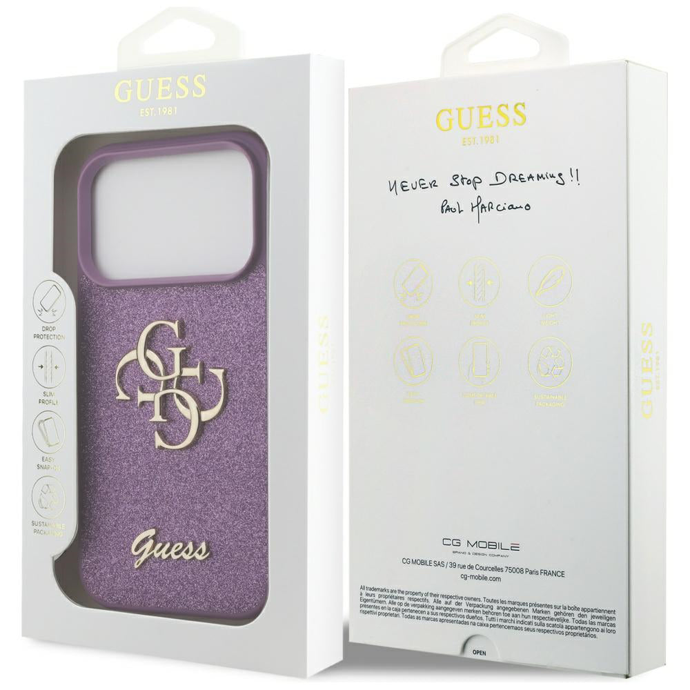 Hülle für Apple iPhone 17 Pro Max, Guess, Fixed Glitter Big 4G, Lila