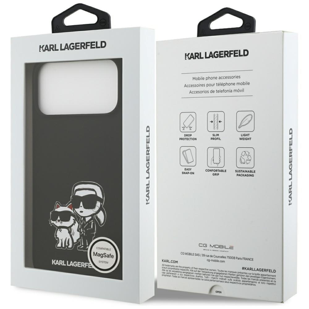 Étui pour Apple iPhone 17 Pro Max, Karl Lagerfeld, Sketch and Logo Karl & Choupette, Noir