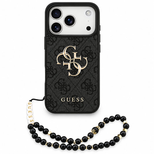 Coque pour Apple iPhone 18 Pro / 17 Pro, Guess, Logo Classique 4G avec Lanière, Noire