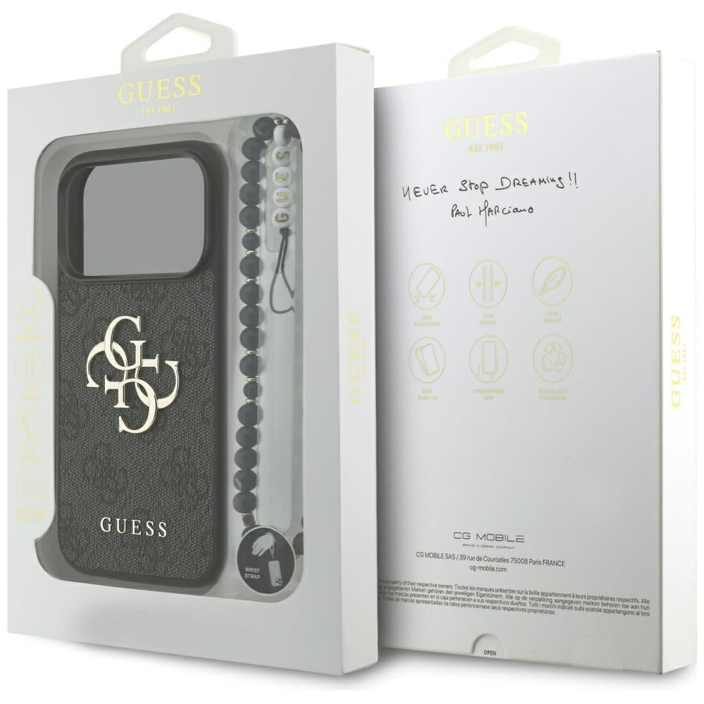 Hülle für Apple iPhone 18 Pro / 17 Pro, Guess, 4G Classic Logo mit Riemen, Schwarz