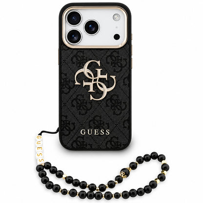 Coque pour Apple iPhone 18 Pro / 17 Pro, Guess, Logo Classique 4G avec Lanière, Noir Doré