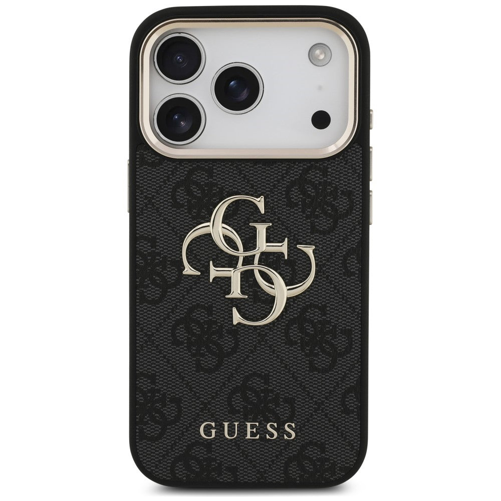 Coque pour Apple iPhone 18 Pro / 17 Pro, Guess, Logo Classique 4G avec Lanière, Noir Doré