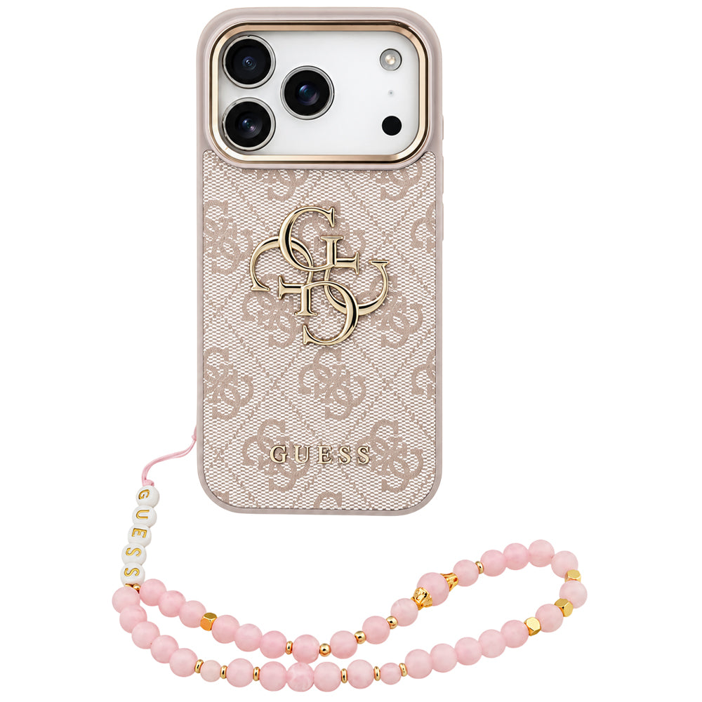 Coque pour Apple iPhone 18 Pro / 17 Pro, Guess, 4G Classic Logo with Strap, rose doré