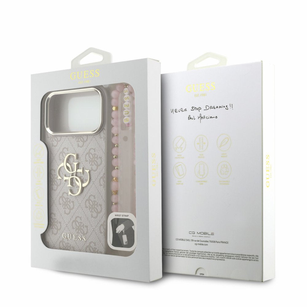 Coque pour Apple iPhone 18 Pro / 17 Pro, Guess, 4G Classic Logo with Strap, rose doré