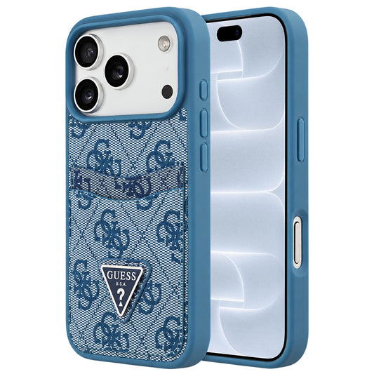 Coque pour Apple iPhone 18 Pro / 17 Pro, Guess, 4G Double Card Triangle, bleue