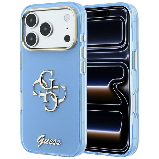 Coque pour Apple iPhone 18 Pro / 17 Pro, Guess, IML 4G Metal Script, Bleu