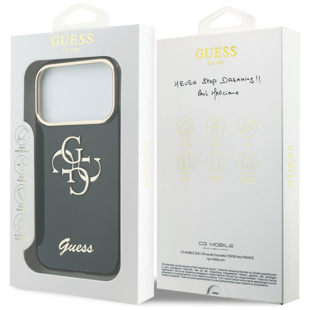Coque pour Apple iPhone 18 Pro / 17 Pro, Guess, IML 4G Metal Script, Noire